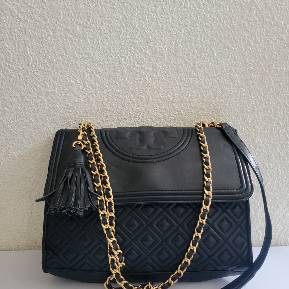 Tory Burch Black Quilted Shoulder Bag with Gold Chain